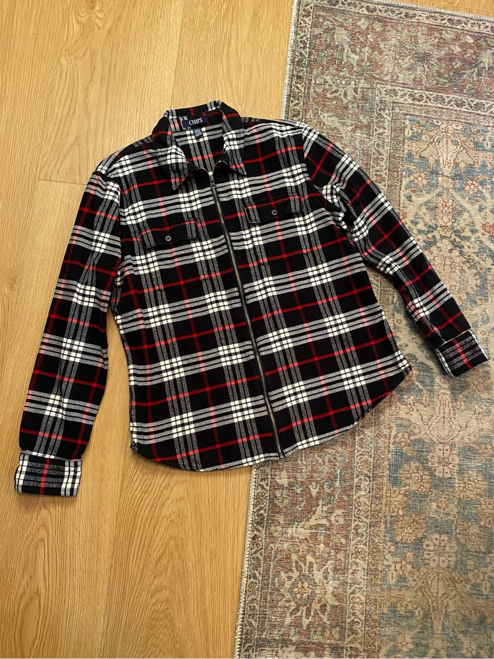 Chaps Denim Plaid Zip Front Shirt Jacket Shacket Cotton Large Camping Hiking